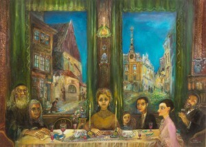 Seder in Prague - Jewish Town -  N.Musatova - Zhee-clay 13  x 18 cm - Canvas on carton-Reproduction Picture---- SOUVENIRS ---  